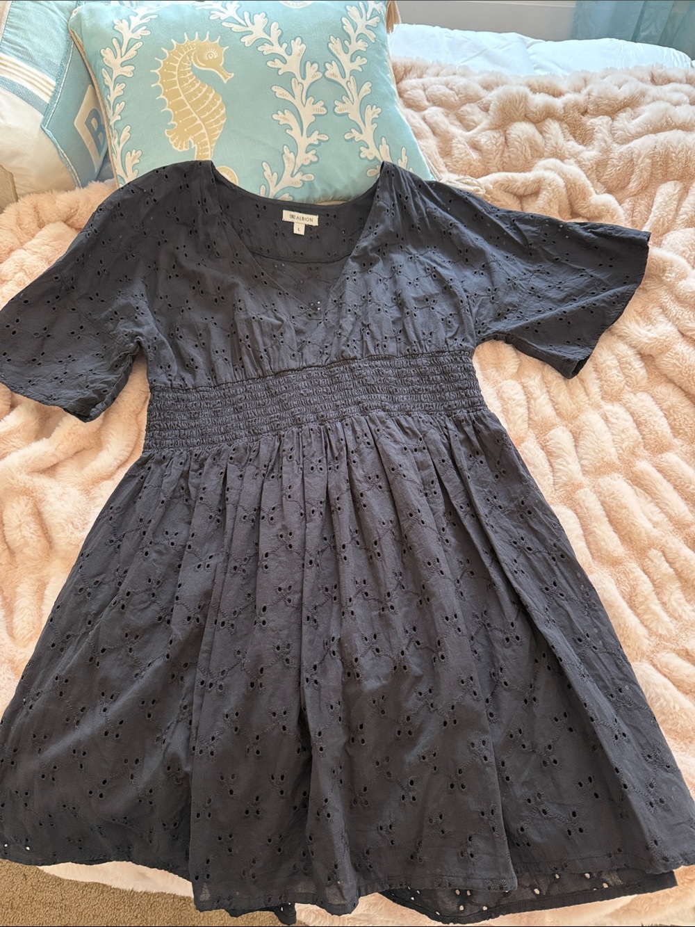 Albion Black Eyelet Smocked-Waist Mini Dress Size L